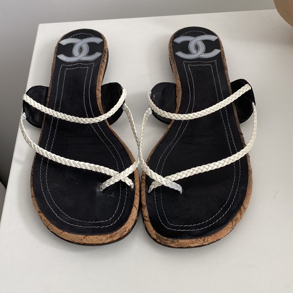 Chanel *Authentic* Woven Strap Flip Flop Toe Loop Cork Sandals Size Euro 38.5 - Picture 3 of 8